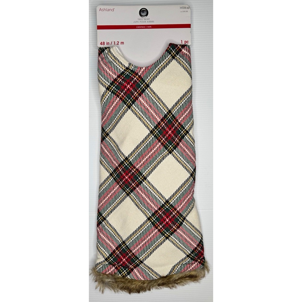 Ashland Christmas Plaid Tree Skirt 48 in Round Multicolor with Faux Fur Trim